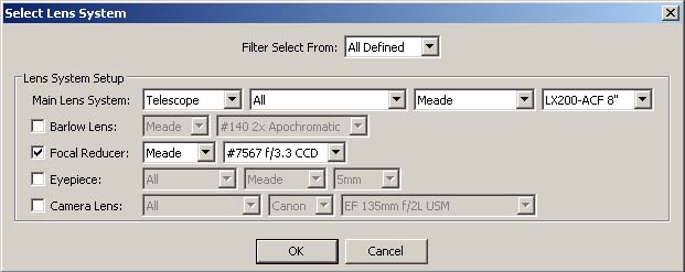 Select your lens system (telescope/camera lens/focal reducer/etc)