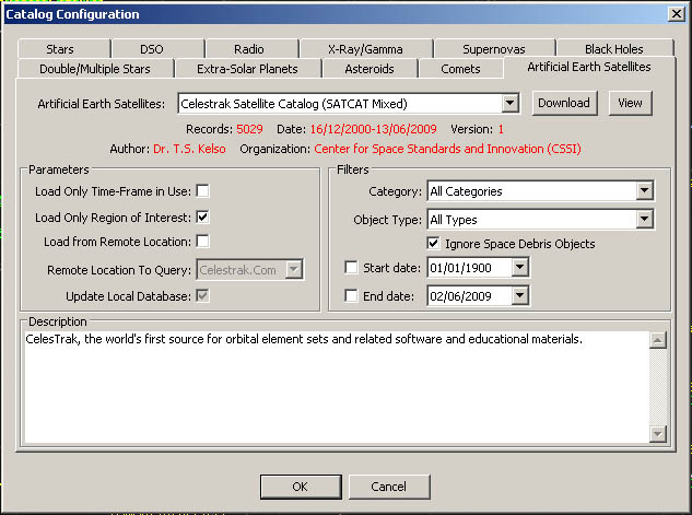 Catalog  Selection - Earth Artificial Satellites Tab